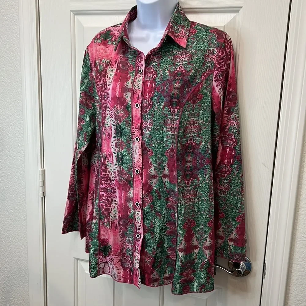 Misslook Blouse Size Medium Collar Button Front Long Sleeve Slimming Pink Green